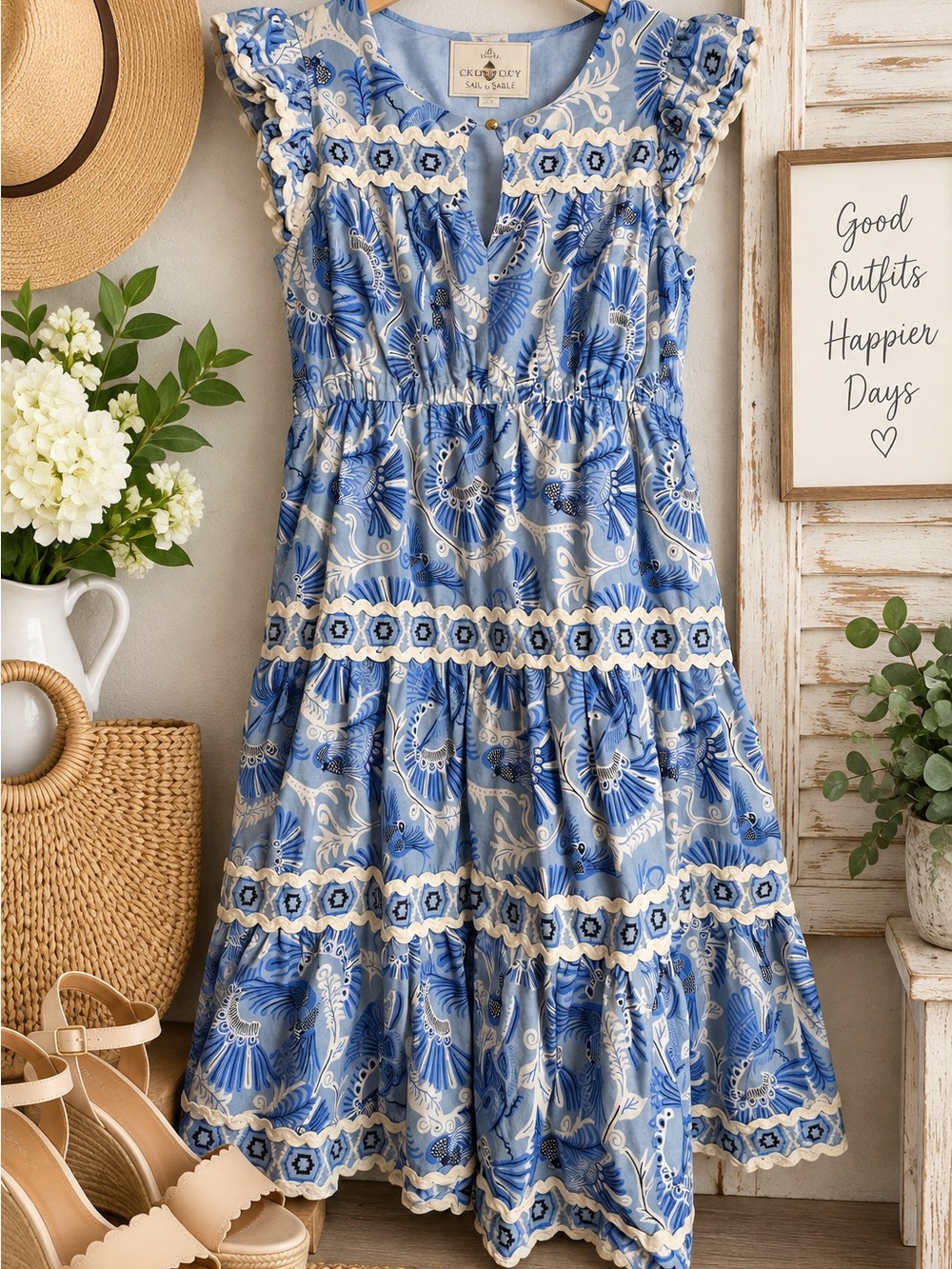 Blue Floral Tiered Midi Dress with Crochet Trim CK Bradley x Sail to Sable